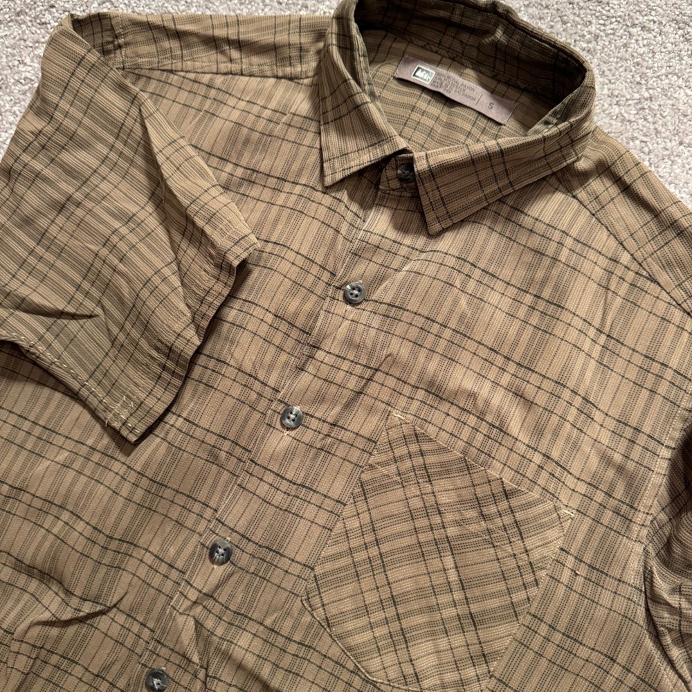 REI Shirt Mens Small Brown Plaid Modal Rayon Gorpcore Outdoor Performance Camp